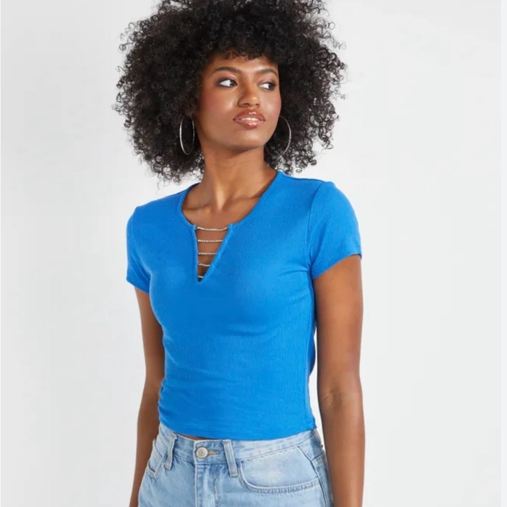 Rue 21 Royal Blue Rhinestone V-neck Shirt